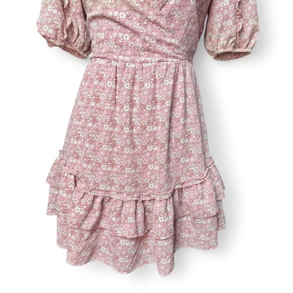 B. Darlin Pink Floral Puff Sleeve Mini Dress Faux Wrap Ruffle Cottagecore 3/4 - Picture 3 of 8